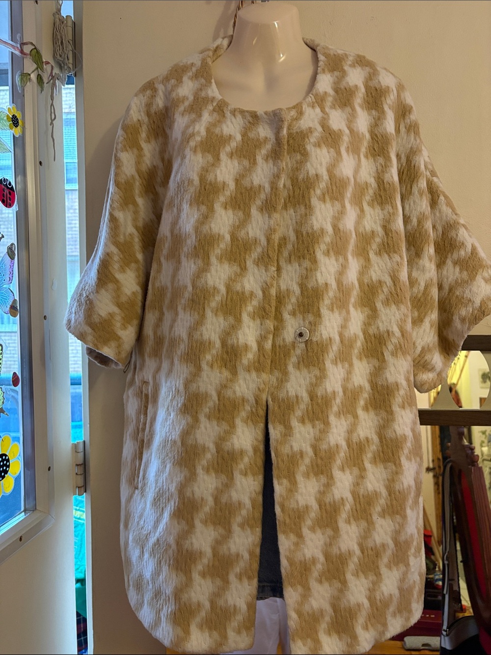 elevenses Camel and White Houndstooth Wool-Blend Oversized Coat